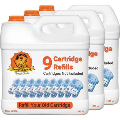 3 bottles of Shaver Shebang for Braun Clean & Renew® refills. Each bottle refills 9 cartridges.